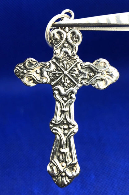 Vintage 925 Sterling Silver Religious Detailed Scroll Large Cross Pendant