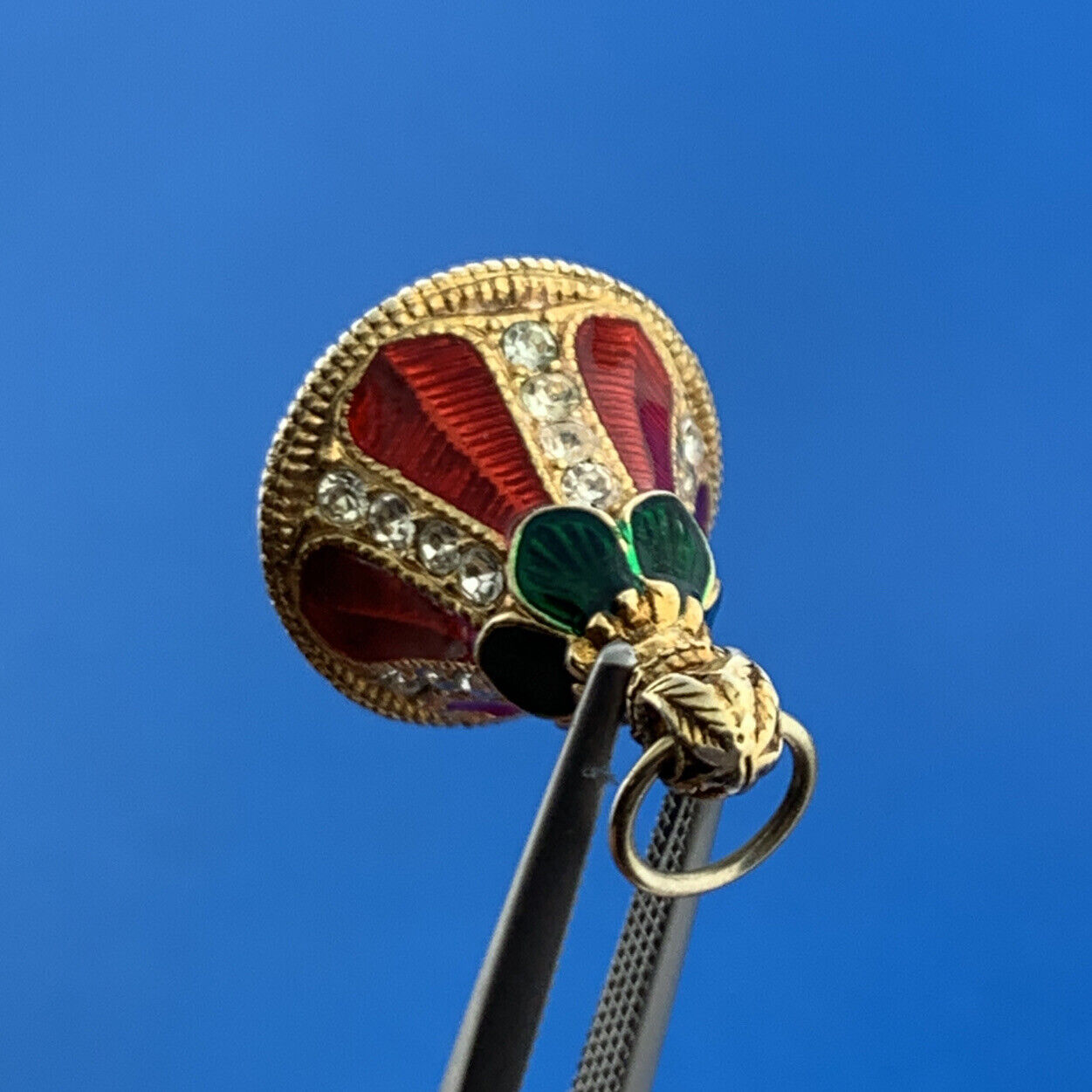 Sterling Silver 925 Vermeil Green Red Enamel CZ Christmas Bell Pendant Charm