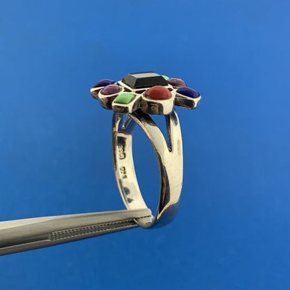 925 Sterling Silver Onyx Lapis Jasper Coral Turquoise Ring