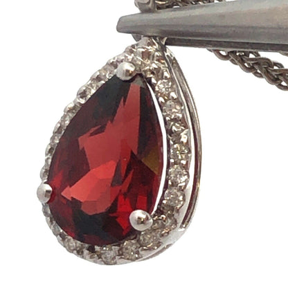 Designer 14K White Gold Pear Garnet Diamond Halo Drop Pendant Necklace