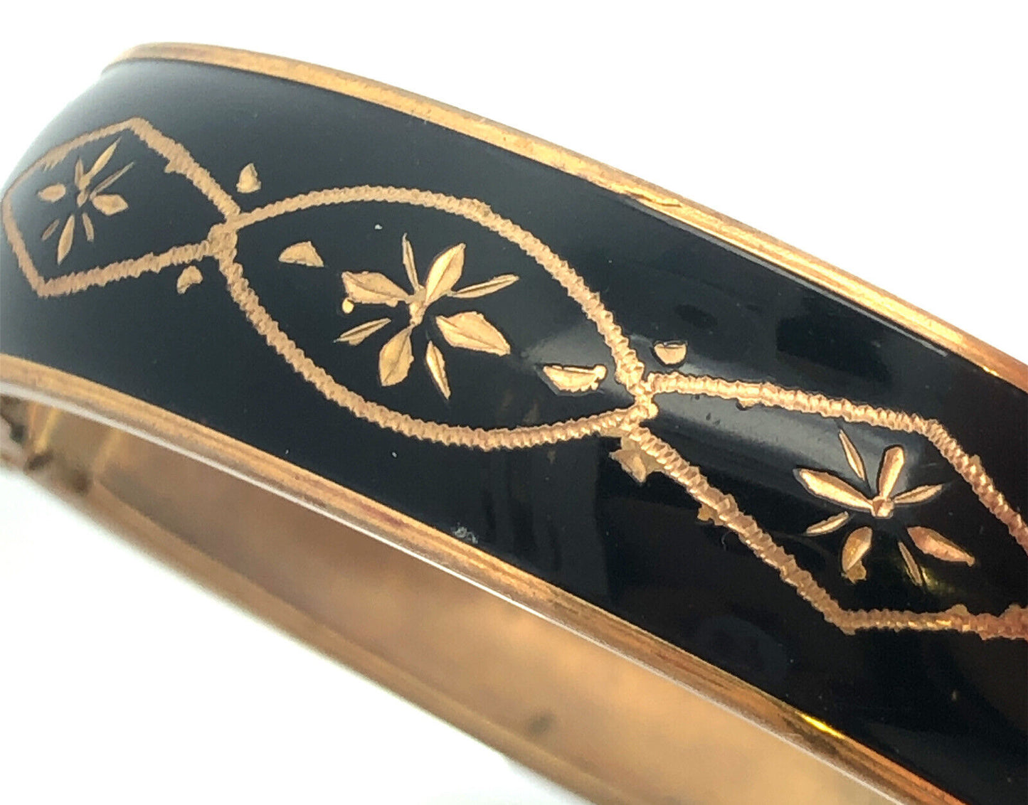 Vintage Gold Tone Black Enamel Gold Tone Floral Inlay Hinged Cuff Bracelet