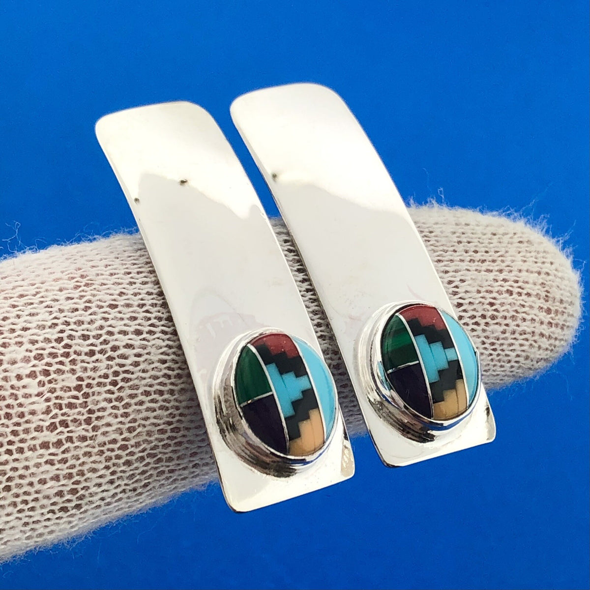 Navajo Designer Willie Saiz Sterling Silver 925 Multi-Stone Inlay Stud Earrings