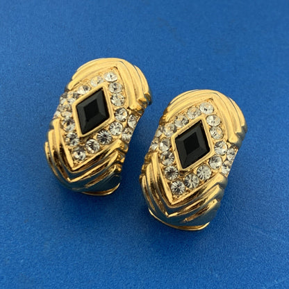 Mid Century Vendome Gold Tone Black Jet White Crystal Half Hoop Clip On Earrings