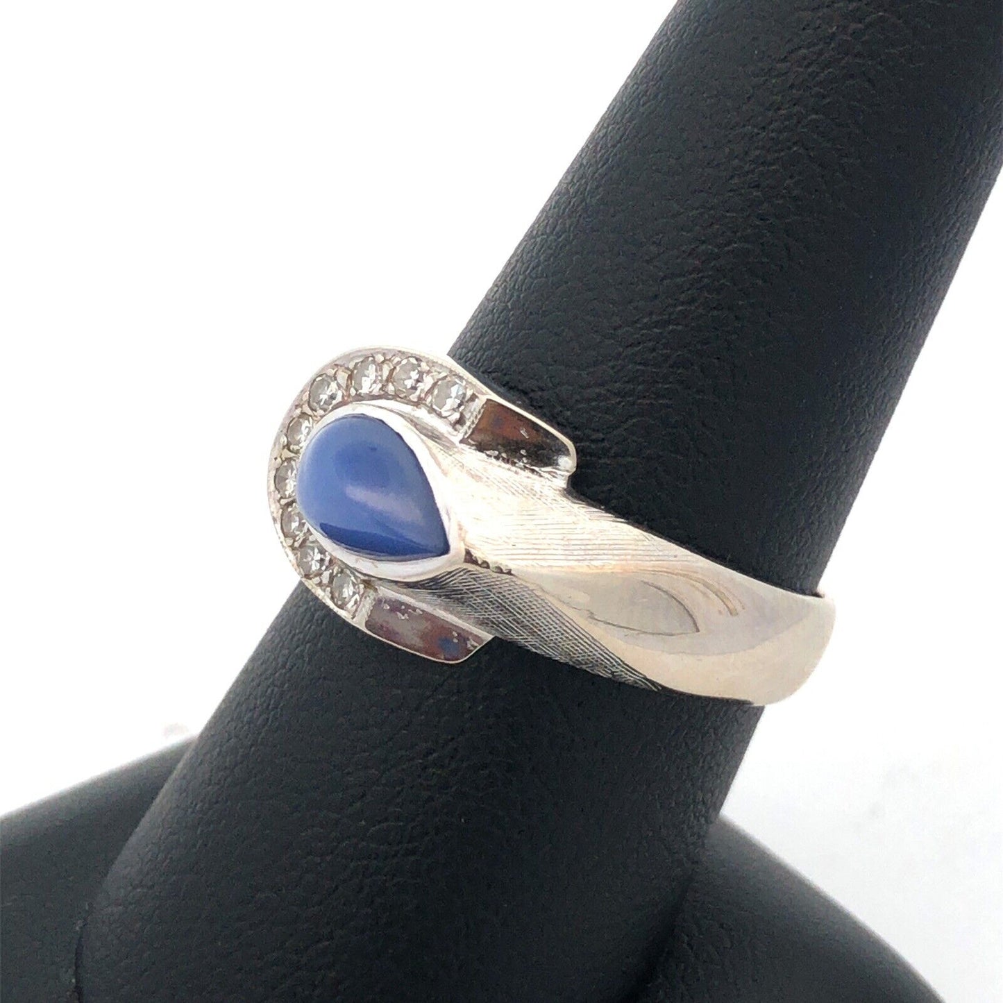 Designer 14K White Gold Blue Star Sapphire Diamond Accented Modernist Ring
