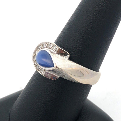 Designer 14K White Gold Blue Star Sapphire Diamond Accented Modernist Ring