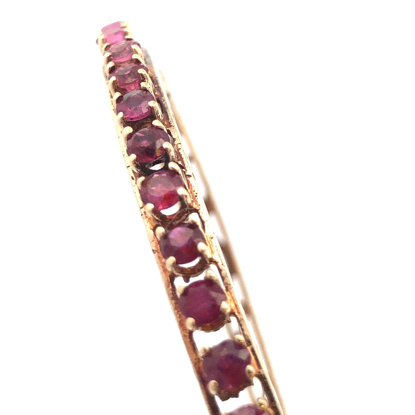 Vintage 14K Yellow Gold Round Ruby Open Scroll Hinged Cuff Bangle Bracelet