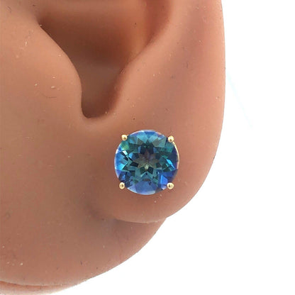 Designer SJI 14K Yellow Gold Round Iolite Solitaire Statement Stud Earrings