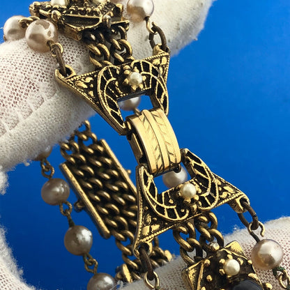 Vintage Gold Tone Faux Gem Pearl Cabochon Rhinestone Statement Panel Bracelet