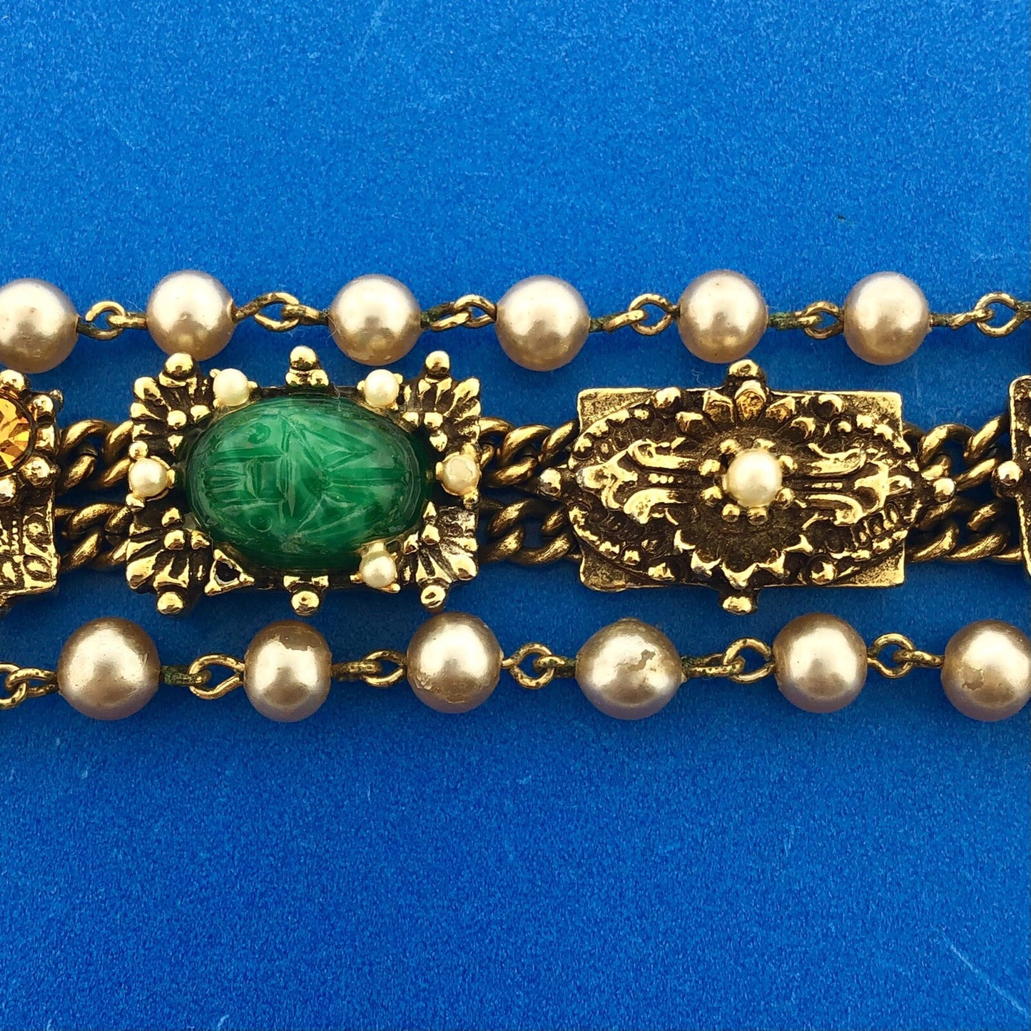 Vintage Gold Tone Faux Gem Pearl Cabochon Rhinestone Statement Panel Bracelet