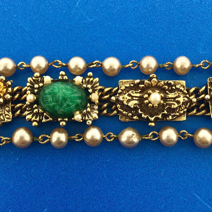Vintage Gold Tone Faux Gem Pearl Cabochon Rhinestone Statement Panel Bracelet