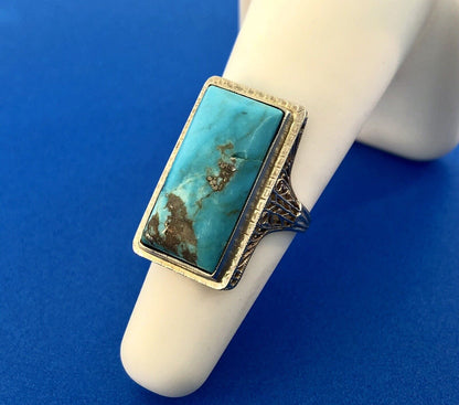Art Deco Designer G & Co 14K White Gold Turquoise Filigree Statement Dinner Ring