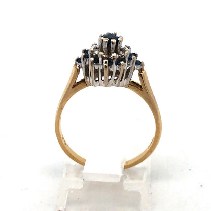 Vintage 14K Yellow White Gold Sapphire Diamond Star Flower Cluster Cocktail Ring
