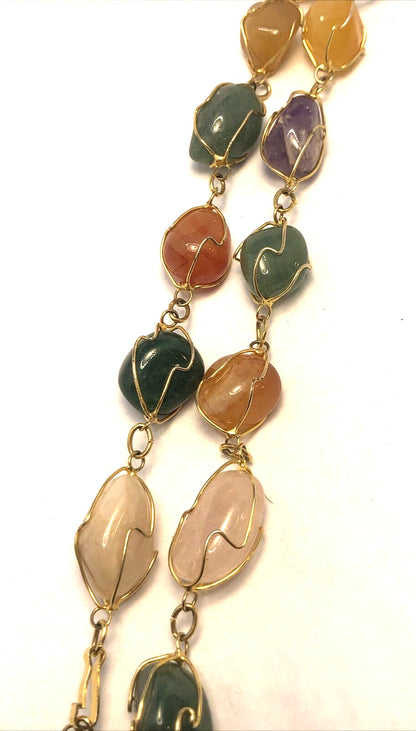 Artisan Gold Tone Wire Wrapped Semi Precious Multi Gemstone Lot Of 2 Necklaces