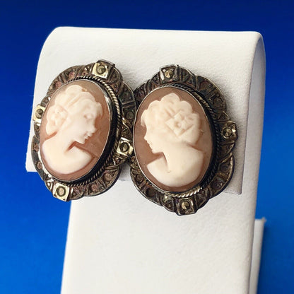Victorian 925 Sterling Silver Carved Cameo Marcasite Statement Stud Earrings