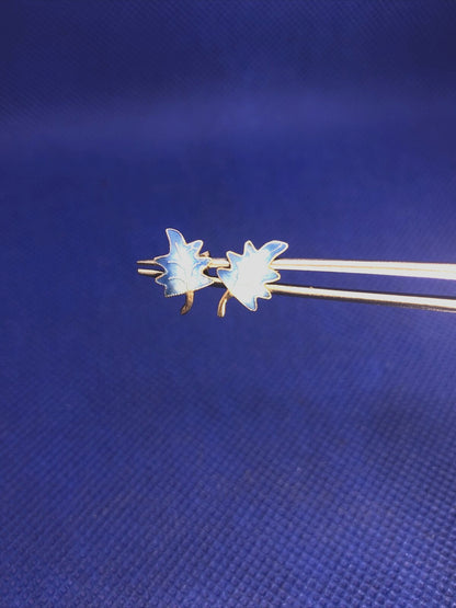 Estate Vermeil 925 Sterling Silver Blue Enamel Leaf Nature Stud Earrings