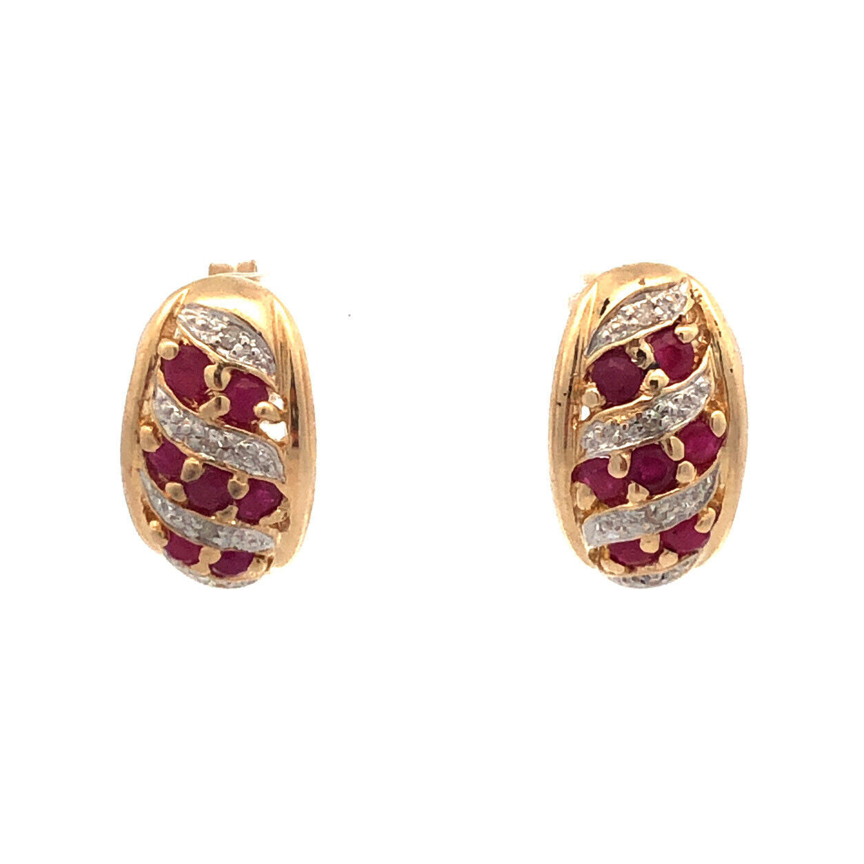 Designer 14K Yellow Gold Round Ruby Diamond Textured Oval Stud Earrings