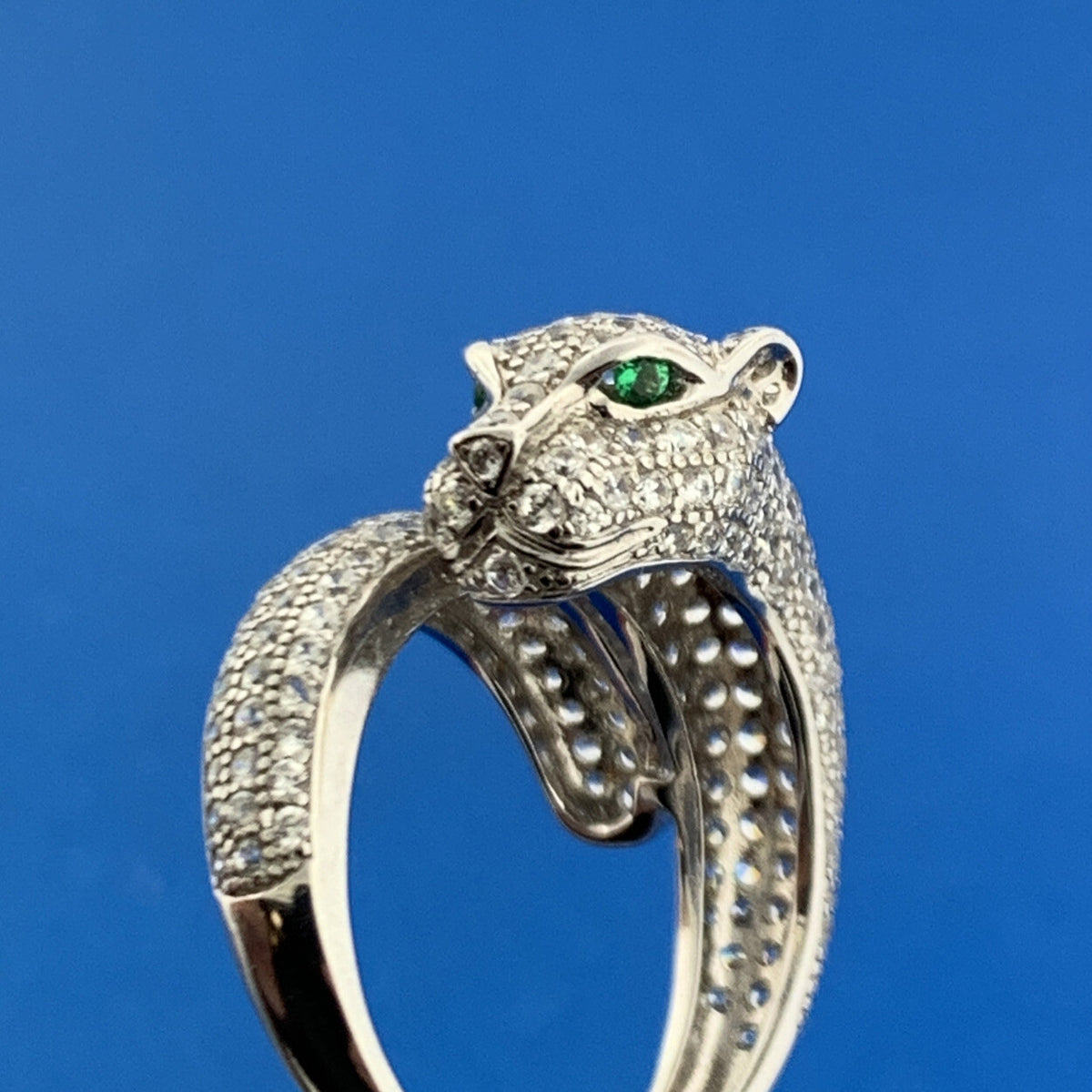 Designer 925 Sterling Silver Pave White Emerald CZ Leopard Big Cat Bypass Ring