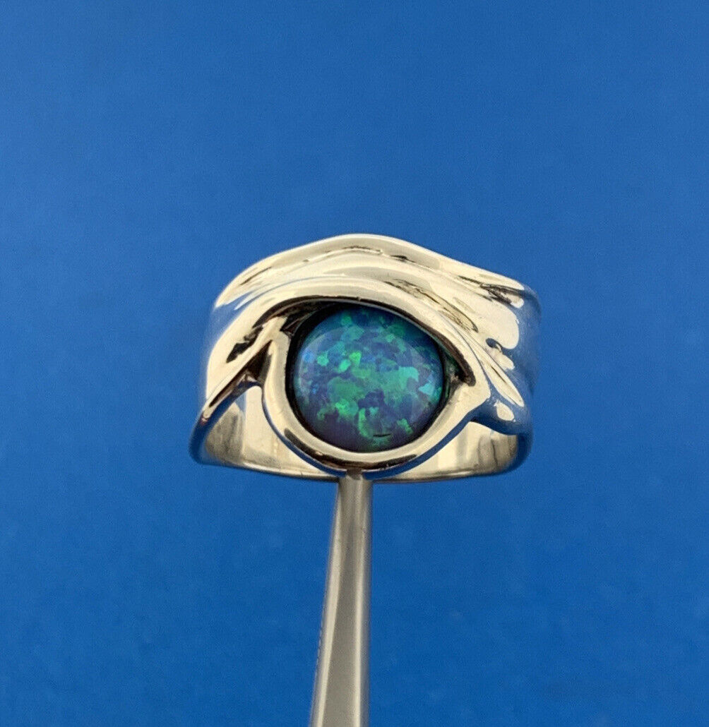 Modernist Designer 925 Sterling Silver Opal Cabochon Cigar Band Ring