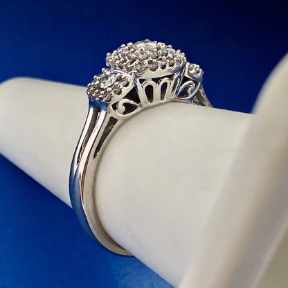 Estate 10K White Gold Diamond Double Halo Accents Engagement Anniversary Ring