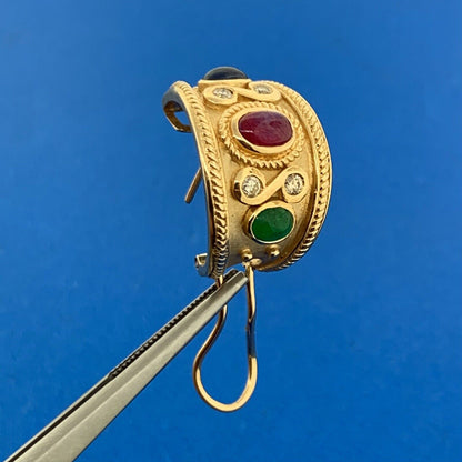 14K Yellow Gold Ruby Sapphire Emerald Diamond Statement Omega Back Earrings