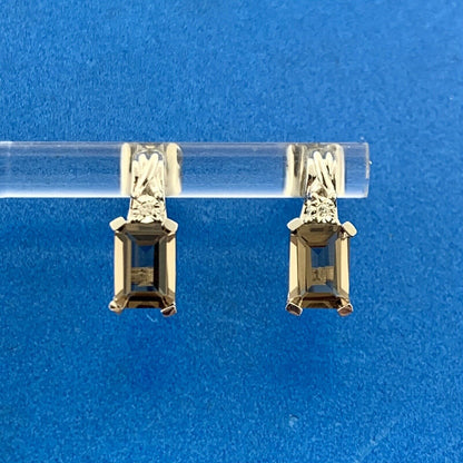 Designer 10K White Gold Rectangle Smoky Quartz Diamond Accented Stud Earrings