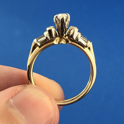 Vintage 14K Yellow White Gold Marquis Diamond Trio Accents Engagement Ring