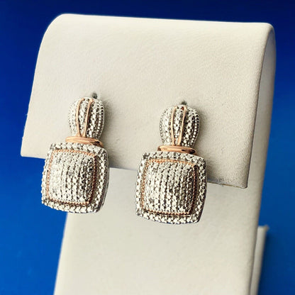 Designer SUN Silver Rose Toned Accent Pave Diamond Lever Back Earrings