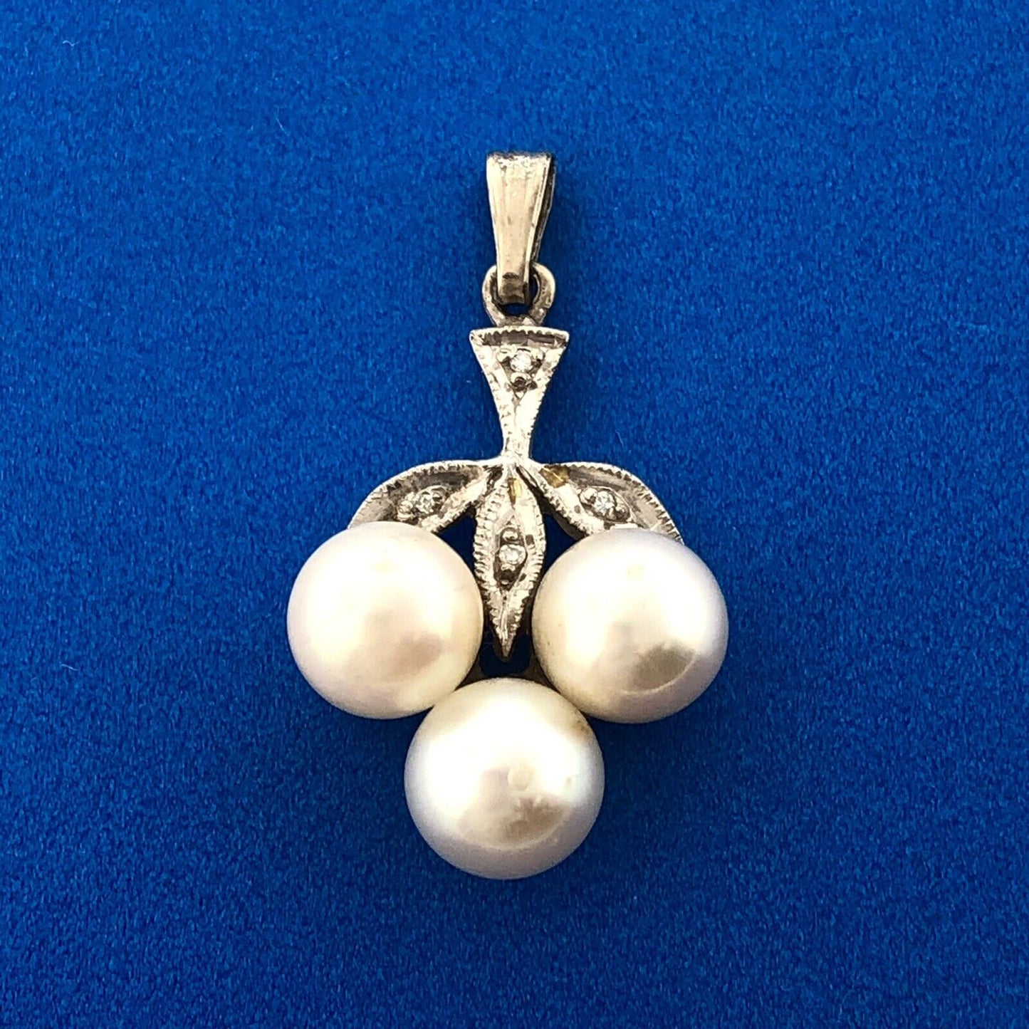 Mid Century 14K White Gold Pearl Trio Diamond Accented Wedding Drop Pendant