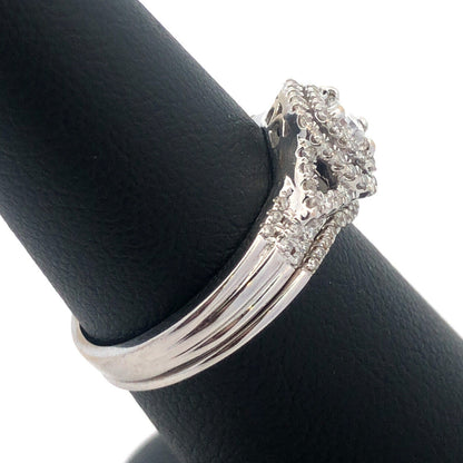 14K White Gold Princess Diamond Center Solitaire Double Halo 2 Ring Bridal Set