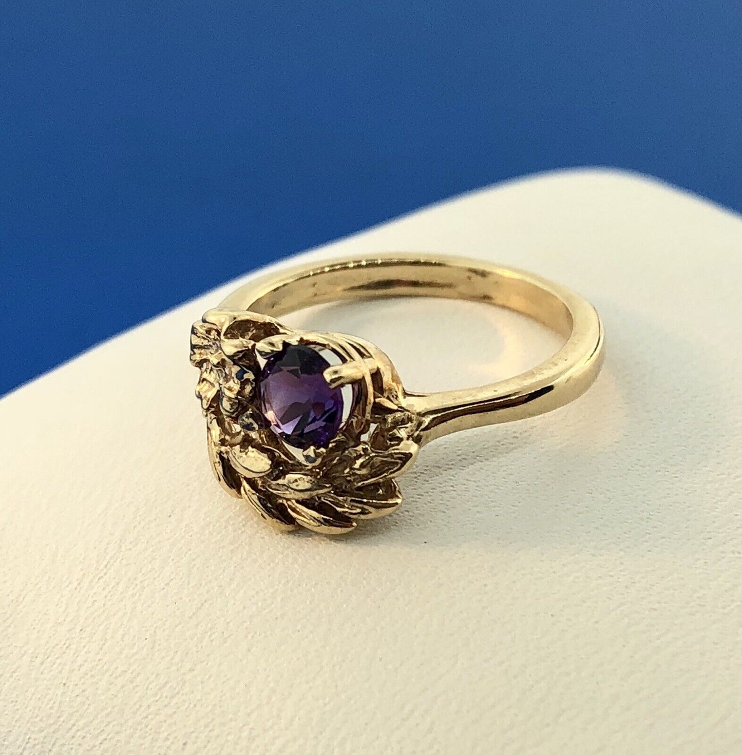 Art Deco 14K Yellow Gold Amethyst Floral Leaf Grecian February Anniversary Ring