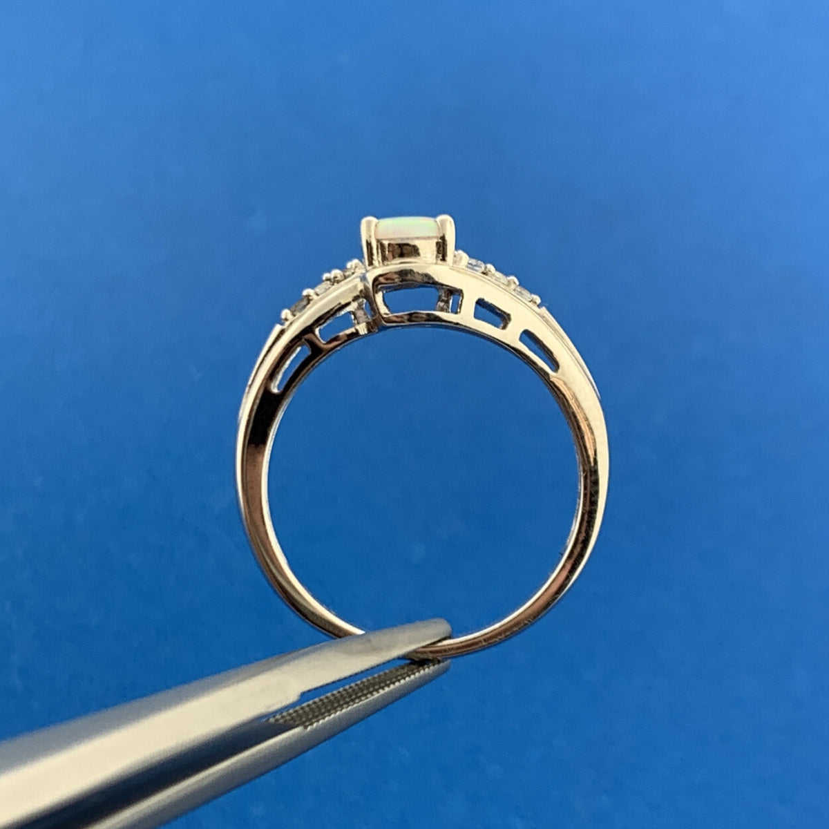 Designer Sterling Silver Oval Opal Cabochon White Topaz Accented Cocktail Ring