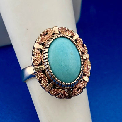 Retro 10K Yellow Rose Gold Oval Robins Egg Turquoise Statement Cocktail Ring
