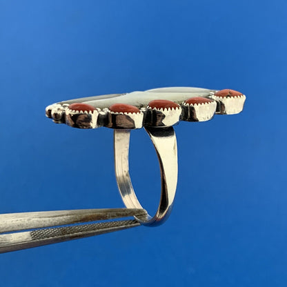 Stunning Sterling Silver 925 Mother of Pearl Coral Accent Finger Ring Size 7.25