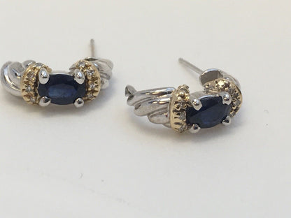 Stunning 14K White Yellow Gold Oval Sapphire Diamond Half Hoop Earrings