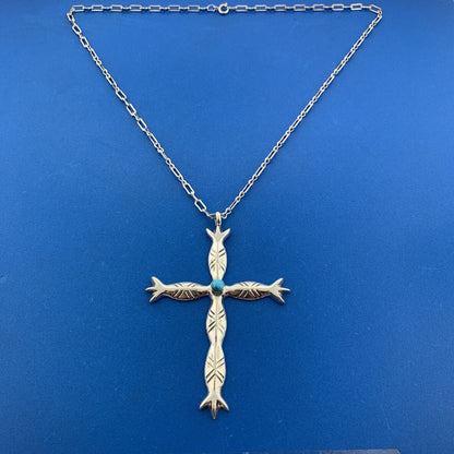 Native American Signed TQ Sterling Silver Turquoise Totem Pole Cross Necklace