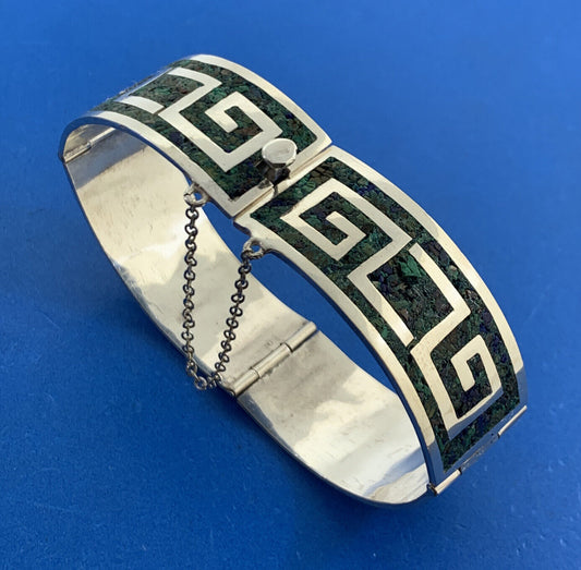 Taxco 925 Sterling Silver Mexico Turquoise Inlay Cuff Panel Bracelet