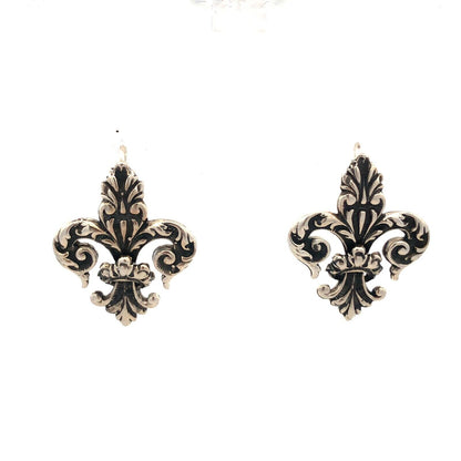 Vintage 925 Sterling Silver Scroll Filigree Textured Fleur De Lis Hook Earrings