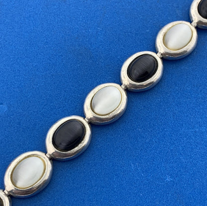 Vintage FAS Sterling Silver Black White Star Sapphire Cabochon Tennis Bracelet