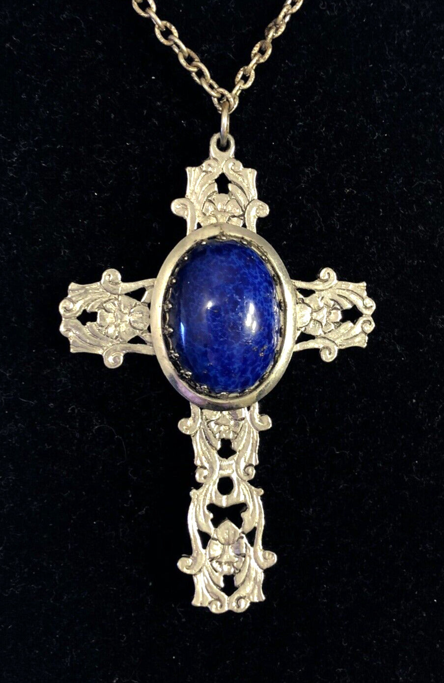 Vintage Silver Tone Lapis Lazuli Floral Scroll Dramatic Statement Cross Necklace