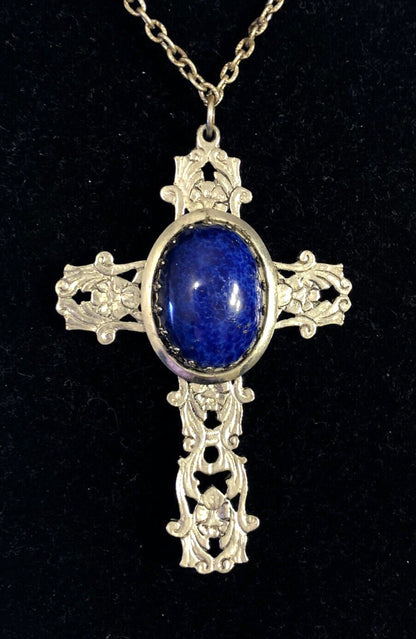 Vintage Silver Tone Lapis Lazuli Floral Scroll Dramatic Statement Cross Necklace