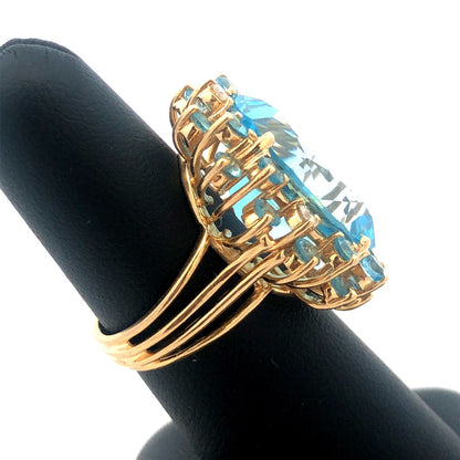 Designer 14k Yellow Gold Large Oval Blue Topaz Aquamarine Diamond Statement Ring