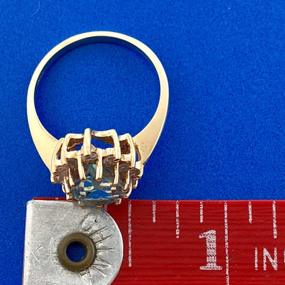 14K Yellow Gold Blue Topaz Diamond Halo December Birthday Occasion Cocktail Ring