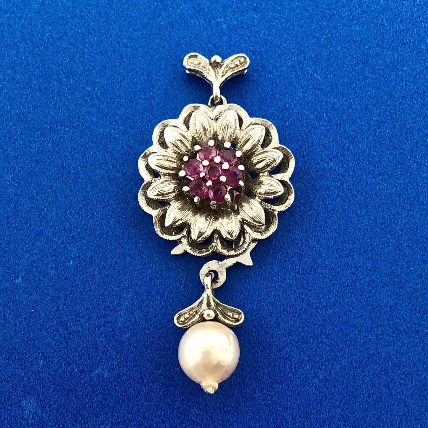 Vintage 18k White Gold Round Ruby White Pearl Flower Bracelet Necklace Clasp