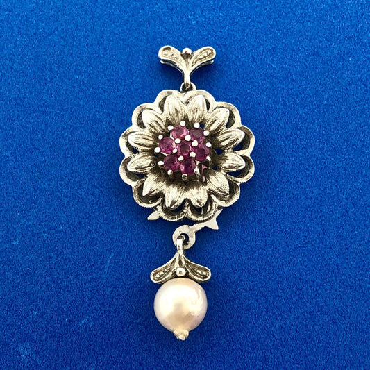 Vintage 18k White Gold Round Ruby White Pearl Flower Bracelet Necklace Clasp