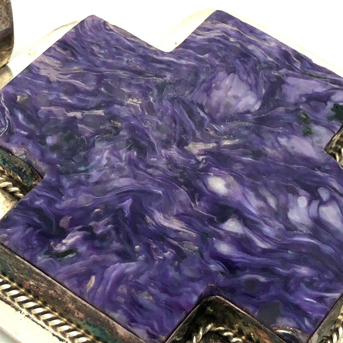 Native American Signed 925 Sterling Silver Charoite Statement Cross Pendant