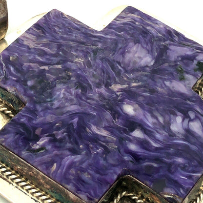 Native American Signed 925 Sterling Silver Charoite Statement Cross Pendant