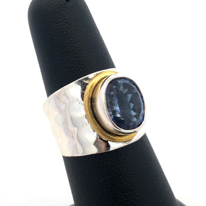 Designer YS 925 Sterling Silver Brass Oval Tanzanite Bezel Wide Hammered Ring