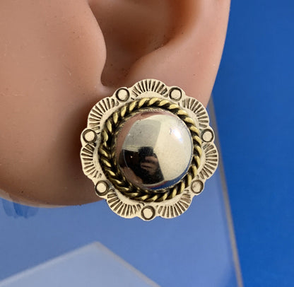 Vintage Two-Toned 925 Sterling Silver Flower Dome Concho Stud Earrings