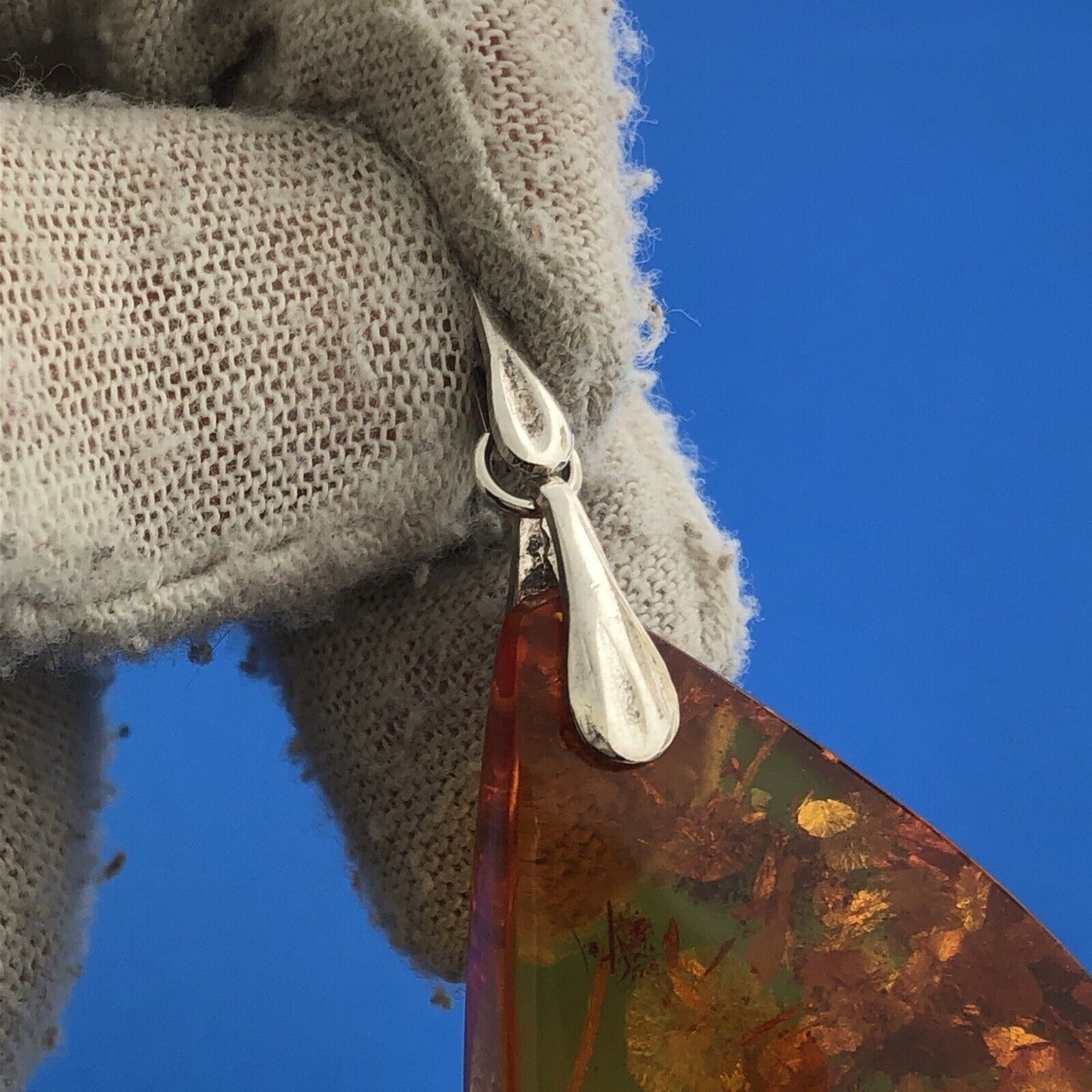 Stunning Sterling Silver 925 Reticulated Floral Amber Shard Dangle Pendant