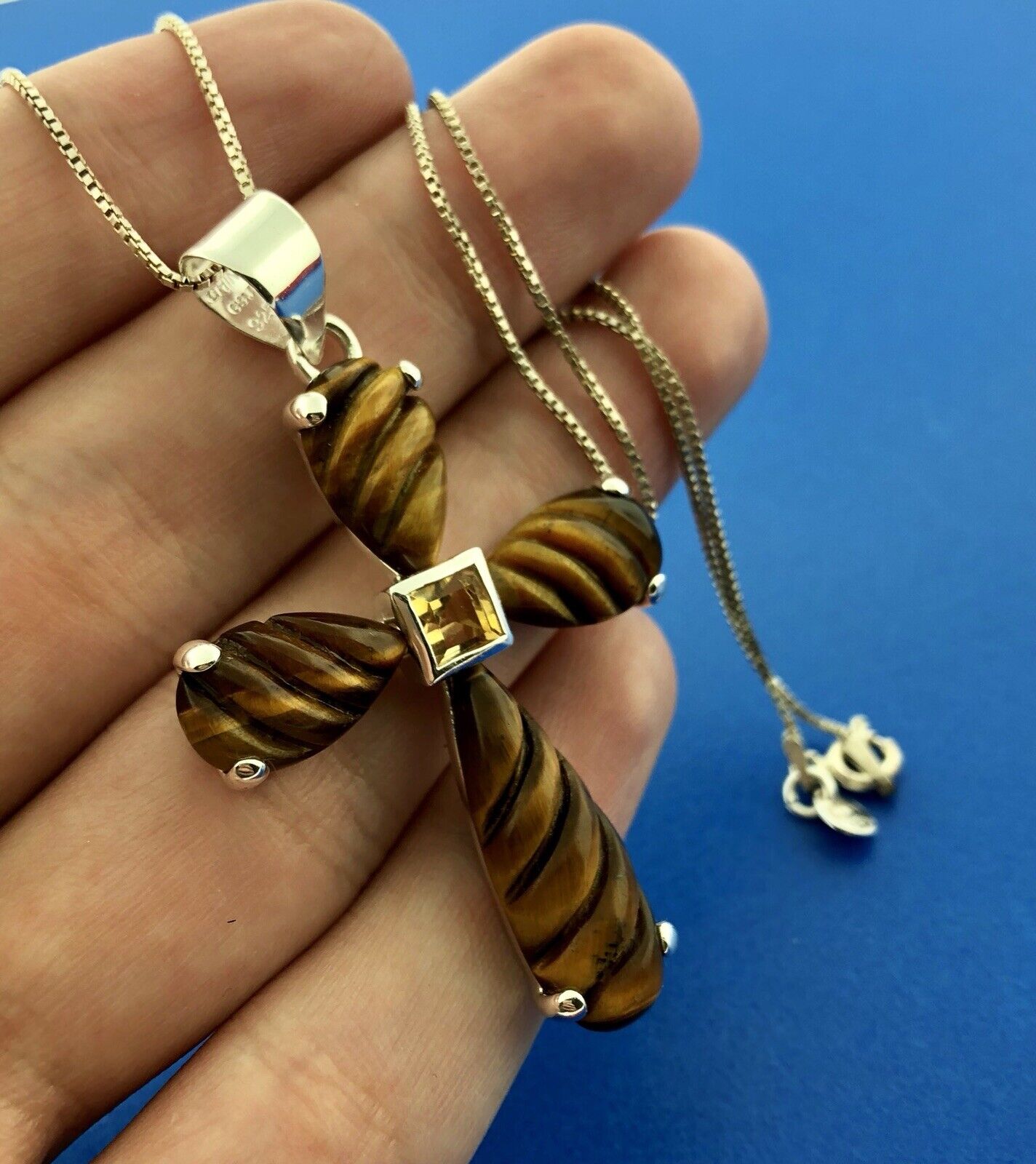 Designer GSJ Sterling Silver 925 Citrine Tigers Eye Cross Statement Necklace